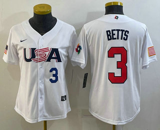 Womens USA Baseball #3 Mookie Betts Number 2023 White World Classic Replica Stitched Jersey->2023 world baseball classic->MLB Jersey